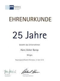Ehrenurkunde zum 25-jährigen Bestehen der BAROP Finanzservice GmbH
